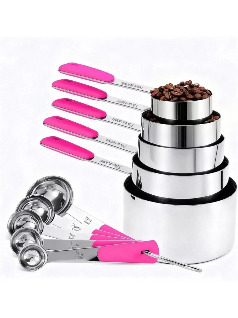 10-Piece Stainless Steel Measuring Cups & Spoons Set for Cooking & Baking - Pink